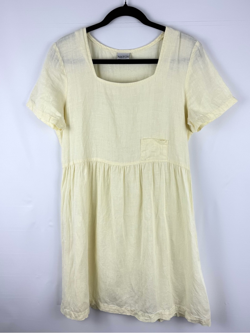 MATCH Pastel Yellow Linen Square-Neck Short Sleeve Babydoll Dress